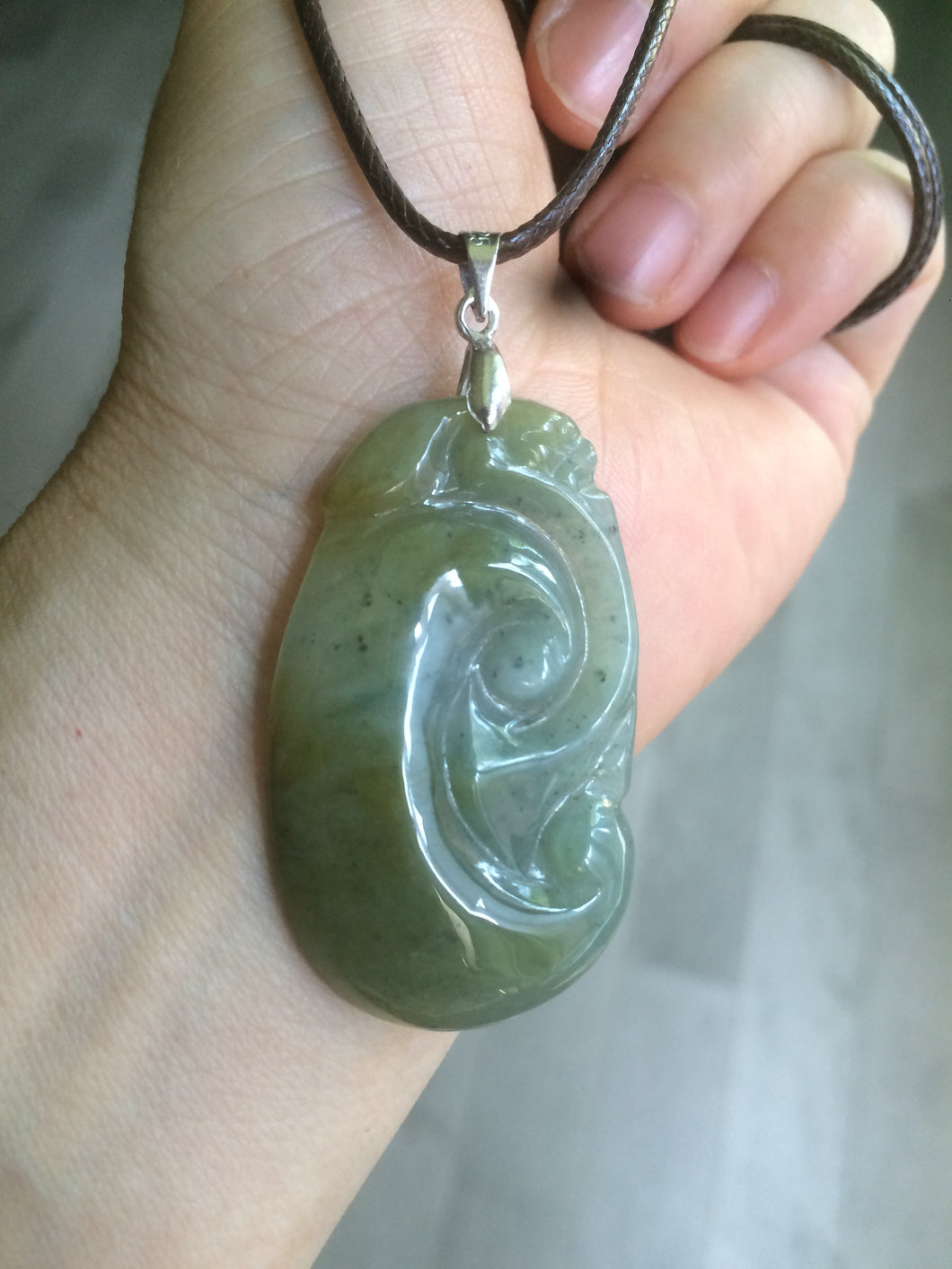100% Natural type A dark green/gray/blue with flying flowers Jade RuYi(如意) pendant B205-2631
