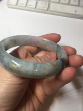 Load image into Gallery viewer, 56.5mm 100% Natural type A sunny green purple brown gray white carved flowers and golden-painted Jadeite Jade bangle BG232
