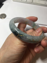 Load image into Gallery viewer, 56.5mm 100% Natural type A sunny green purple brown gray white carved flowers and golden-painted Jadeite Jade bangle BG232
