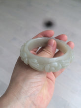 Load image into Gallery viewer, 53mm 100% natural light green/gray/pale pink Quartzite (Shetaicui jade) carved flowers bangle XY90
