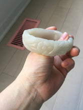 Load image into Gallery viewer, 60mm 100% natural light pink/white/gray carved nine-tailed fox Quartzite (Shetaicui jade)bangle XY112
