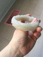 Load image into Gallery viewer, 60mm 100% natural light pink/white/gray carved nine-tailed fox Quartzite (Shetaicui jade)bangle XY112
