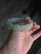 Load image into Gallery viewer, 59.5mm 100% natural light green/gray Quartzite (Shetaicui jade) carved flowers bangle XY61
