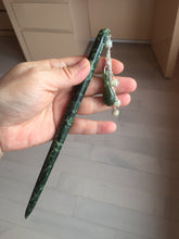 Load image into Gallery viewer, 18.5cm 100% Natural dark green Xiu Jade Serpentine hairpin with Safety bottle dangling AW4
