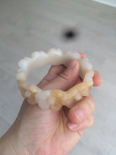 Load image into Gallery viewer, 56.7mm 100% natural light yellow/white Quartzite (Shetaicui jade) carved galsang flower(格桑花) bangle XY68
