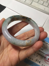 Load image into Gallery viewer, 53.6mm 100% Natural type A dark green purple white carved plum bossom and golden-painted Jadeite Jade bangle PD91-0269
