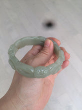 Load image into Gallery viewer, 59.5mm 100% natural light green/gray Quartzite (Shetaicui jade) carved flowers bangle XY61
