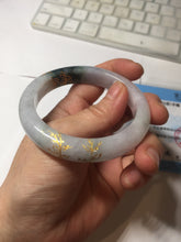 Load image into Gallery viewer, 53.6mm 100% Natural type A dark green purple white carved flowers and golden-painted Jadeite Jade bangle PD92-0263
