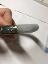 Load image into Gallery viewer, 53.6mm 100% Natural type A dark green purple white carved flowers and golden-painted Jadeite Jade bangle PD92-0263
