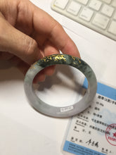 Load image into Gallery viewer, 54.9mm 100% Natural type A dark green purple white carved flowers and golden-painted Jadeite Jade banglePD96-0265
