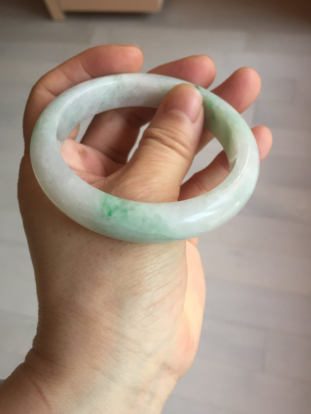 Shopify only. 55.7mm certified 100% natural icy watery light white/sunny green jadeite jade bangle BN73-9363