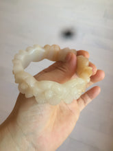 Load image into Gallery viewer, 56.7mm 100% natural light yellow/white Quartzite (Shetaicui jade) carved galsang flower(格桑花) bangle XY68
