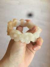 Load image into Gallery viewer, 56.7mm 100% natural light yellow/white Quartzite (Shetaicui jade) carved galsang flower(格桑花) bangle XY68
