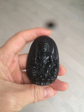 Load image into Gallery viewer, 100% Natural type A black jadeite jade(墨翠, mocui) Sword-holding Guanyin (降魔观音) pendant BG31-4
