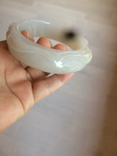 Load image into Gallery viewer, 60mm 100% natural light white/gray Quartzite (Shetaicui jade) carved bunny and butterfly bangle XY65
