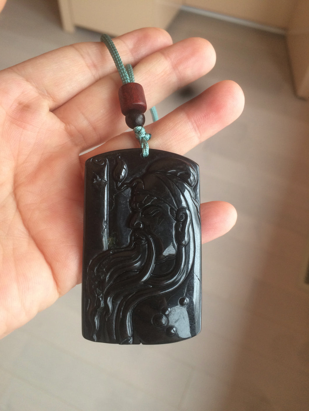 100% Natural type A black jadeite jade(墨翠， mocui) God of wealth General Guan pendant BG31-1