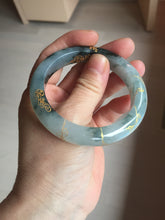 Load image into Gallery viewer, 54mm 100% Natural type A icy watery dark green with floating flowers and carved and golden-painted Jadeite Jade bangle PA172-8572

