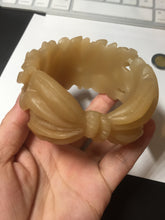 Load image into Gallery viewer, 55.3mm 100% natural yellow brown carved Peony and bow Quartzite (Shetaicui jade) bangle XY98
