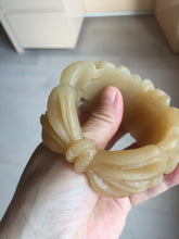 Load image into Gallery viewer, 55.3mm 100% natural yellow brown carved Peony and bow Quartzite (Shetaicui jade) bangle XY98
