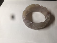 Load image into Gallery viewer, 54.6mm 100% natural light Pink/black/purple fish and lotus pods(年年有余) Quartzite (Shetaicui jade) 3D carved Bow knot bangle SY10
