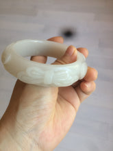 Load image into Gallery viewer, 60mm 100% natural light white/gray Quartzite (Shetaicui jade) carved bunny and butterfly bangle XY65
