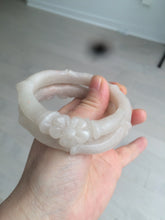 Load image into Gallery viewer, 55mm 100% natural light Pink beige white 3D carved bamboo and flowers Quartzite (Shetaicui jade) bangle SY67
