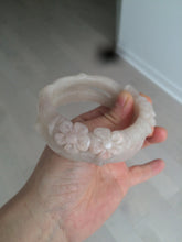 Load image into Gallery viewer, 55mm 100% natural light Pink beige white 3D carved bamboo and flowers Quartzite (Shetaicui jade) bangle SY67
