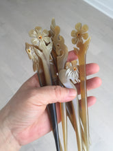 Load image into Gallery viewer, 100% Natural Buffalo Horn carved flowers/bamboo/Auspicious Clouds/love bird stick hairpin CB81 (Add-on item! not for sale individually)
