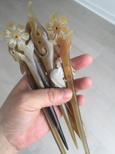 Load image into Gallery viewer, 100% Natural Buffalo Horn carved flowers/bamboo/Auspicious Clouds/love bird stick hairpin CB81 (Add-on item! not for sale individually)
