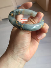 Load image into Gallery viewer, 54mm 100% Natural type A icy watery dark green with floating flowers and carved and golden-painted Jadeite Jade bangle PA172-8572
