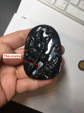 Load image into Gallery viewer, 100% Natural clear dark green/black jadeite jade(Mocui, 墨翠) Nezha(哪吒) defeated the dragon king Pendant/handhold worry stone BL139
