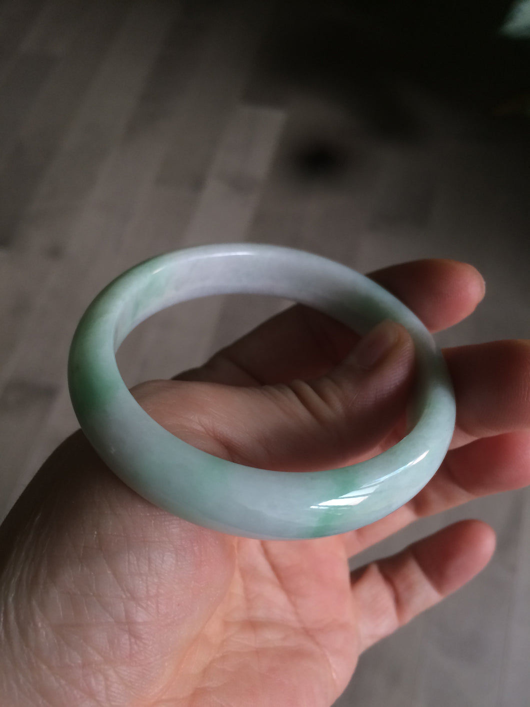 50.5mm Certified Type A 100% Natural sunny green/white Oval Jadeite Jade bangle AD55