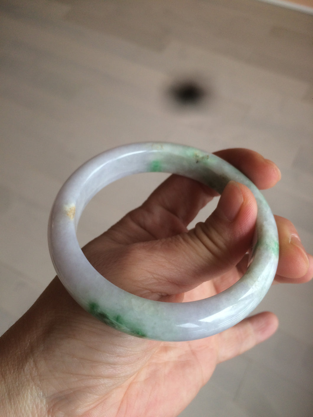 58mm Certified Type A 100% Natural sunny green/purple Jadeite Jade bangle N84-0624