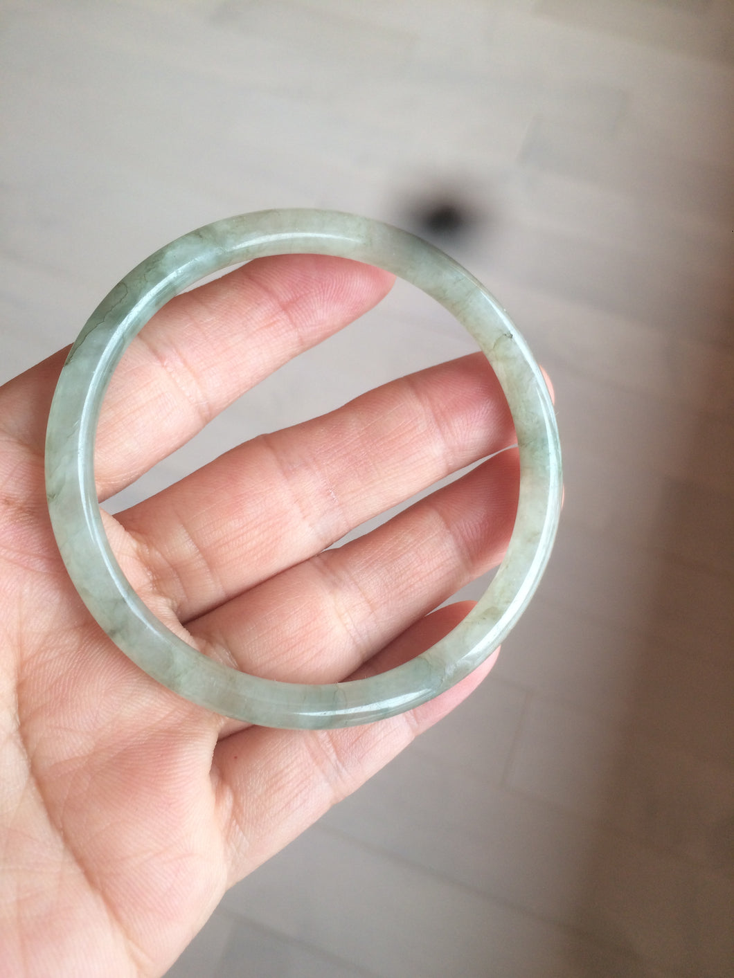 57.3mm Certified type A 100% Natural icy light green/gray slim round cut Jadeite Jade bangle X112-2217