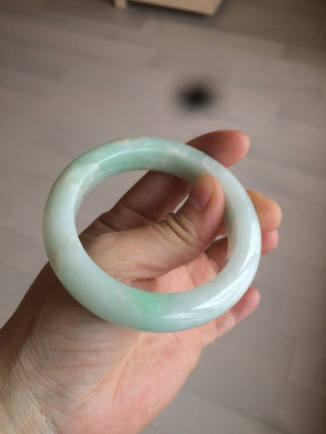 52.5mm Certified Type A 100% Natural sunny green/white Jadeite Jade bangle R84-14548