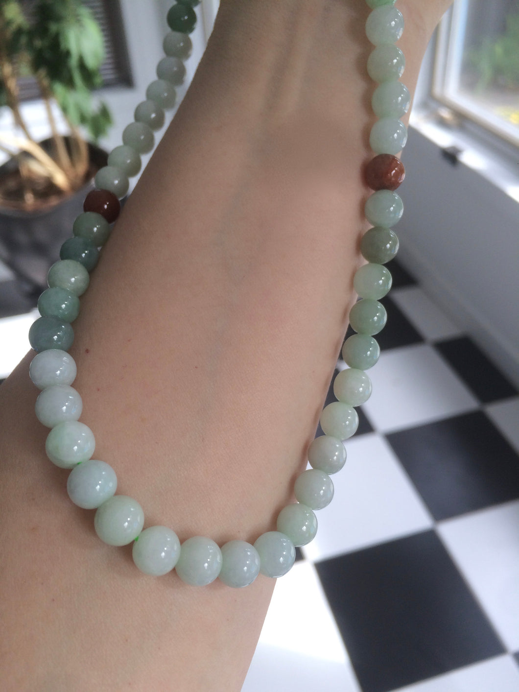 7.8-8mm 100% Natural type A light green/red/white jadeite jade beads necklace SN-2