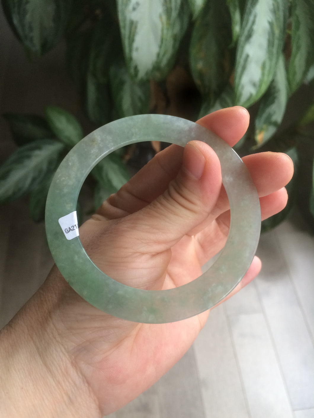55.5mm Certified Type A 100% Natural icy watery sunny green/white snowy thin style Jadeite bangle AB58-0425