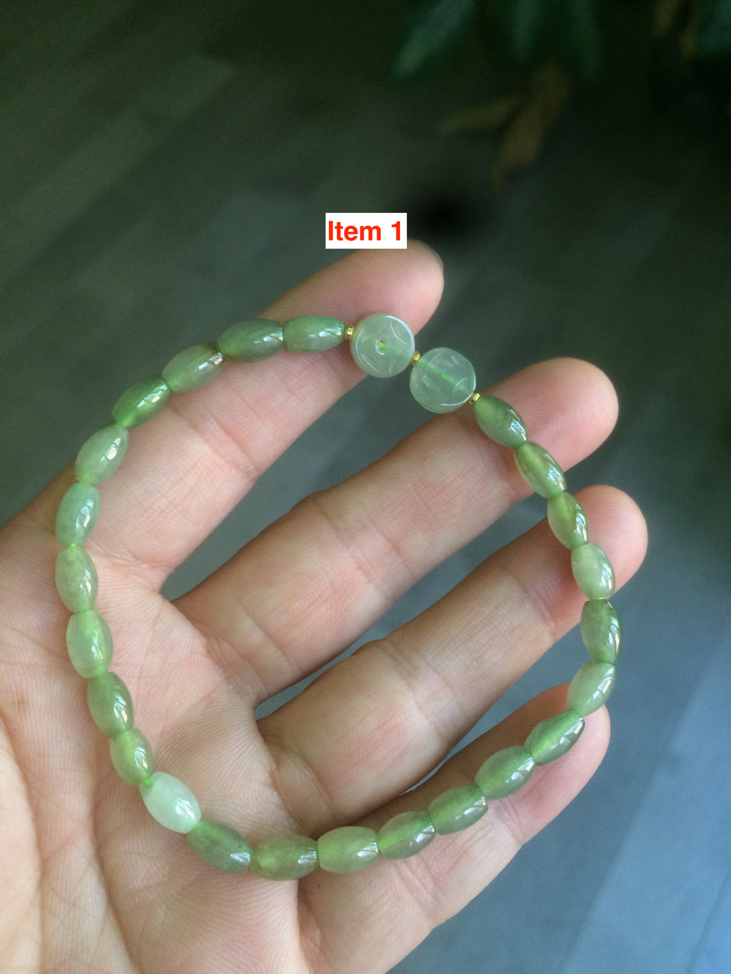 100% natural green/white Icy watery type A jadeite jade olive+ancient Chinese coin/four-leaf clover bead bracelet  AS32