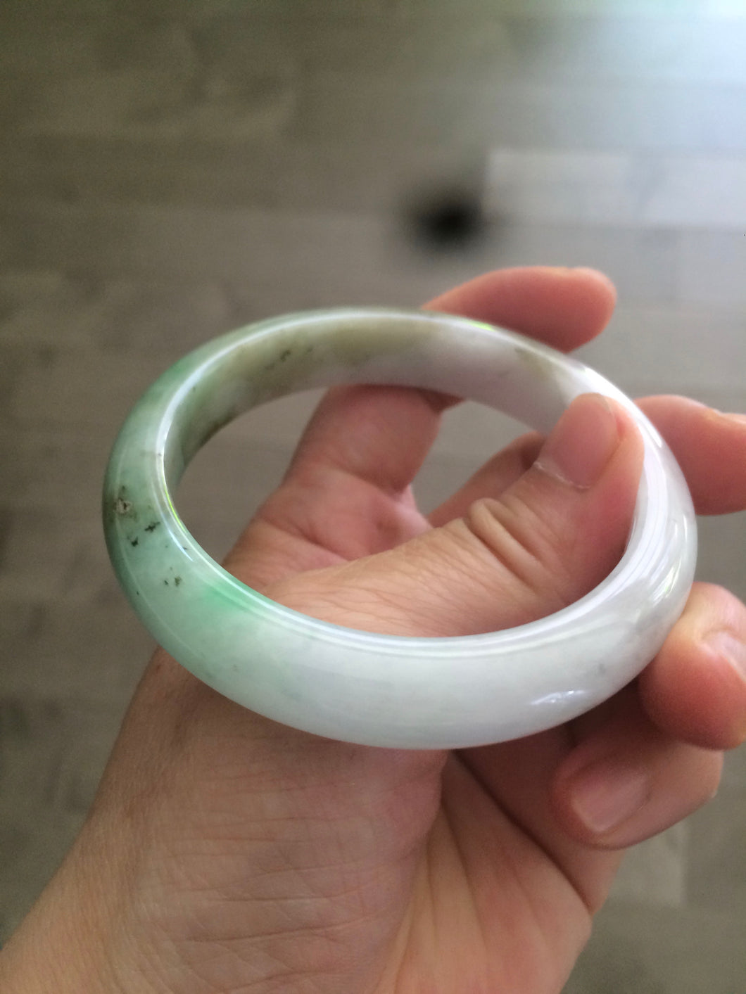 56.5mm certified 100% natural Type A sunny green/white jadeite jade bangle A80-0458
