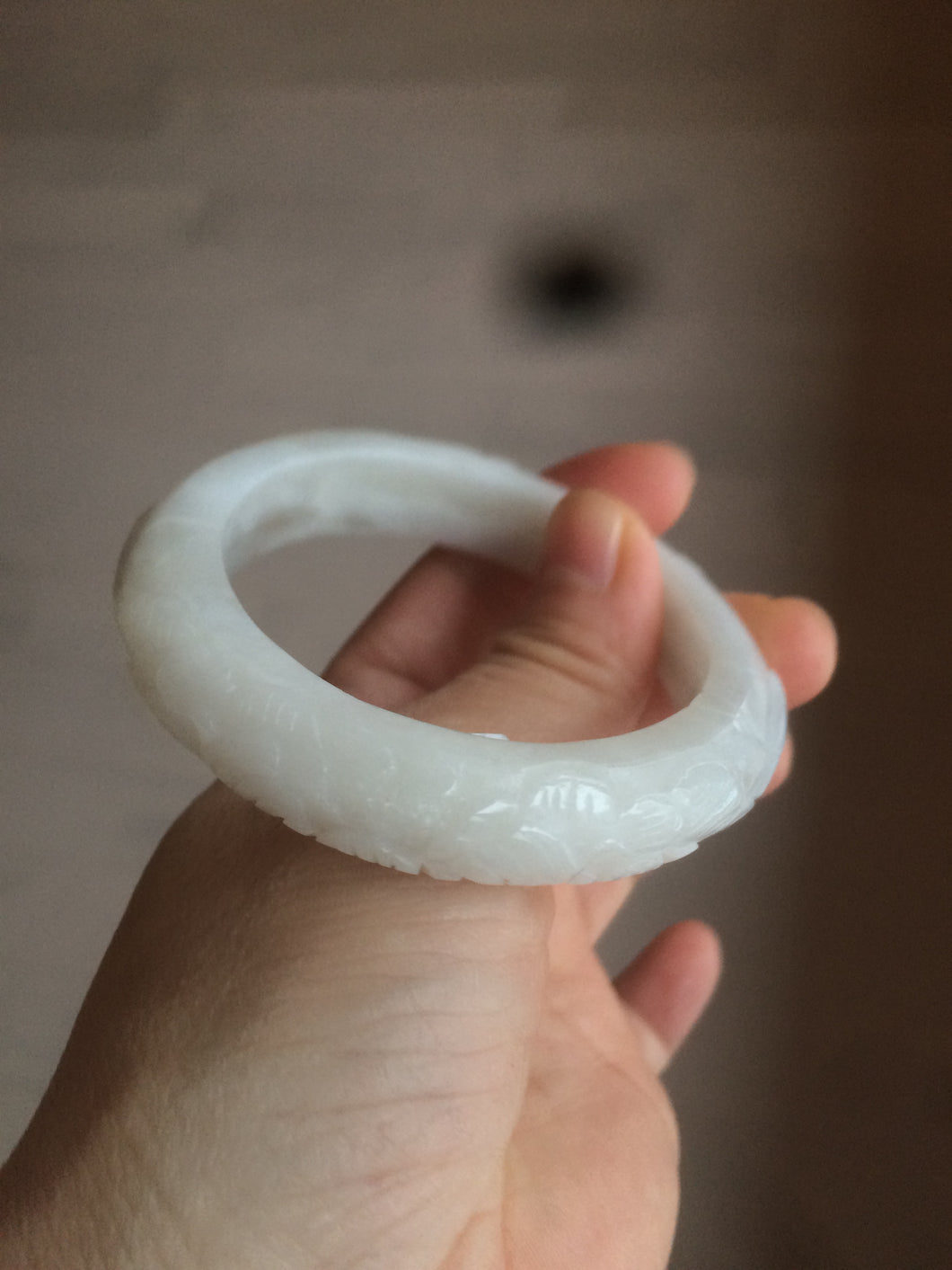 52.8mm Certified 100% Natural white with carved peony butterfly nephrite Hetian Jade bangle HF12-4555