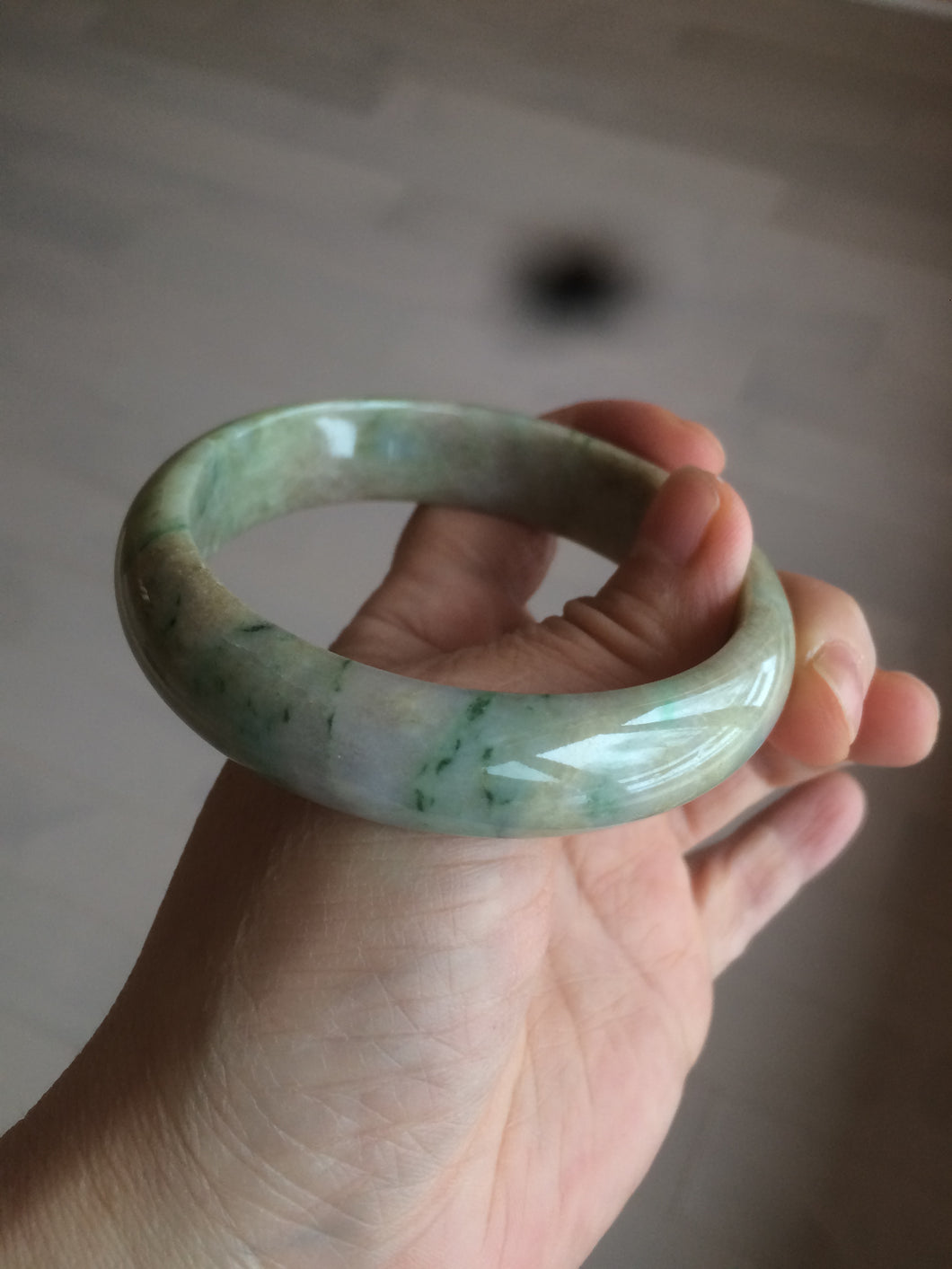 59.5mm certified Type A 100% Natural sunny green gray yellow purple (FU LU Shou)Jadeite bangle D68-3750