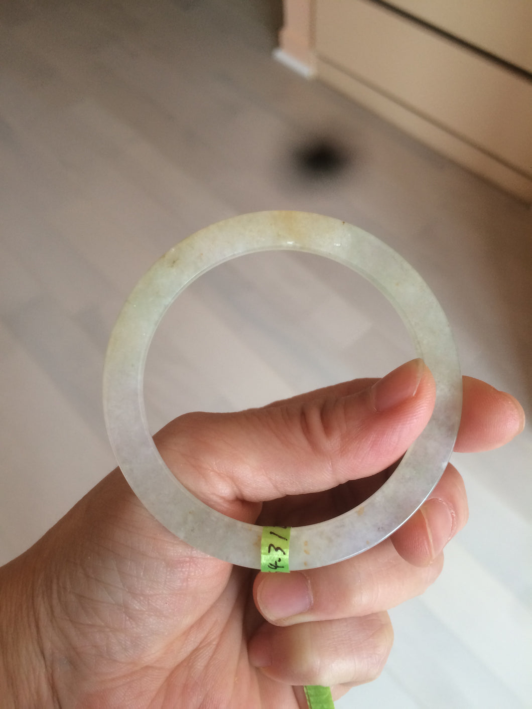 54.3mm certified Type A 100% Natural icy light green/yellow thin Jadeite bangle AH51-1455