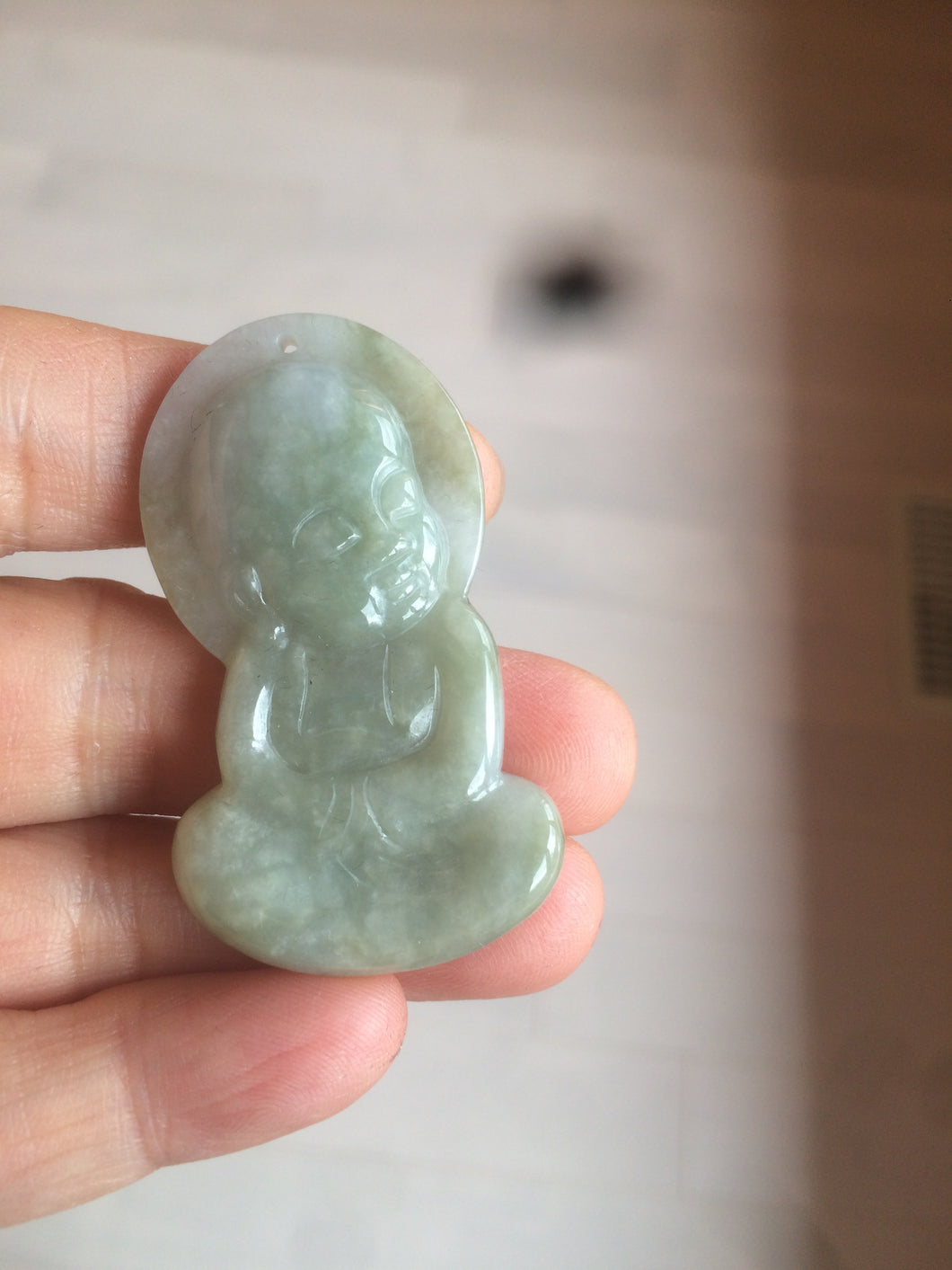 100% Natural light green jadeite Jade meditate baby buddha (宝宝佛) pendant necklace N121