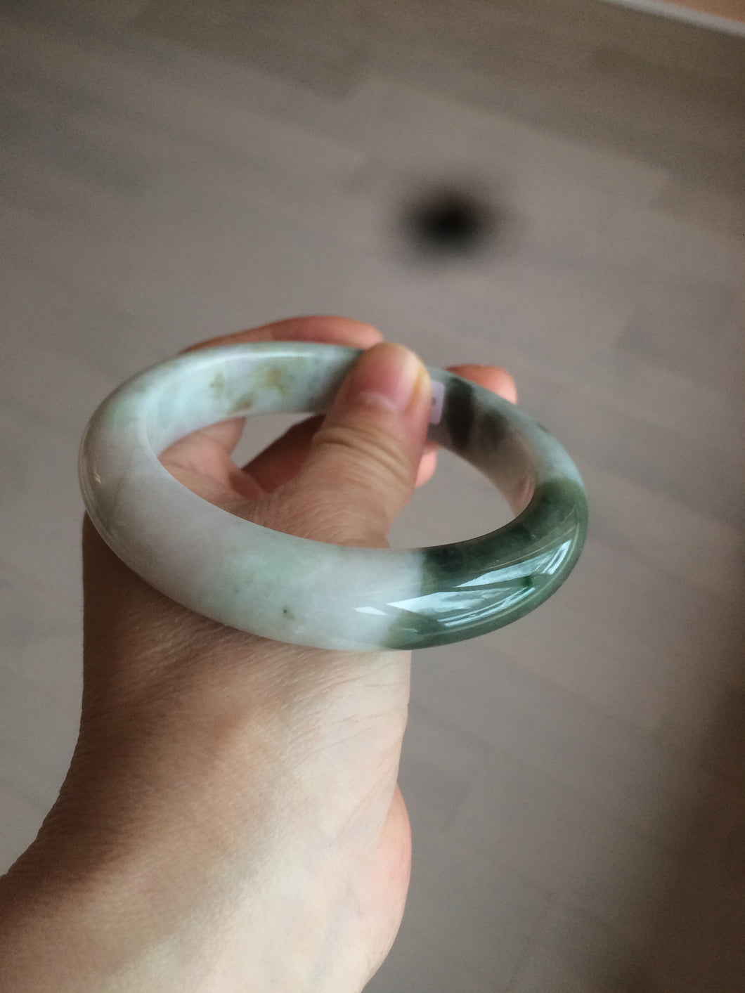 61.7mm certified 100% natural type A sunny green/dark green/white chubby jadeite jade bangle D79-0673