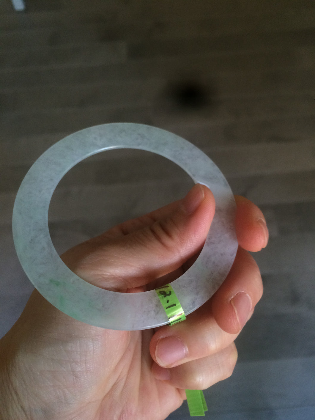 55.8mm Certified Type A 100% Natural icy sunny green/white super thin style Jadeite bangle U59-0428