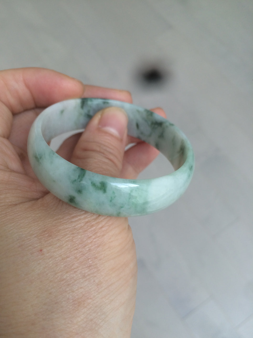 50mm Type A 100% Natural green/white with green floating flowers Jadeite Jade bangle AJ49-0102