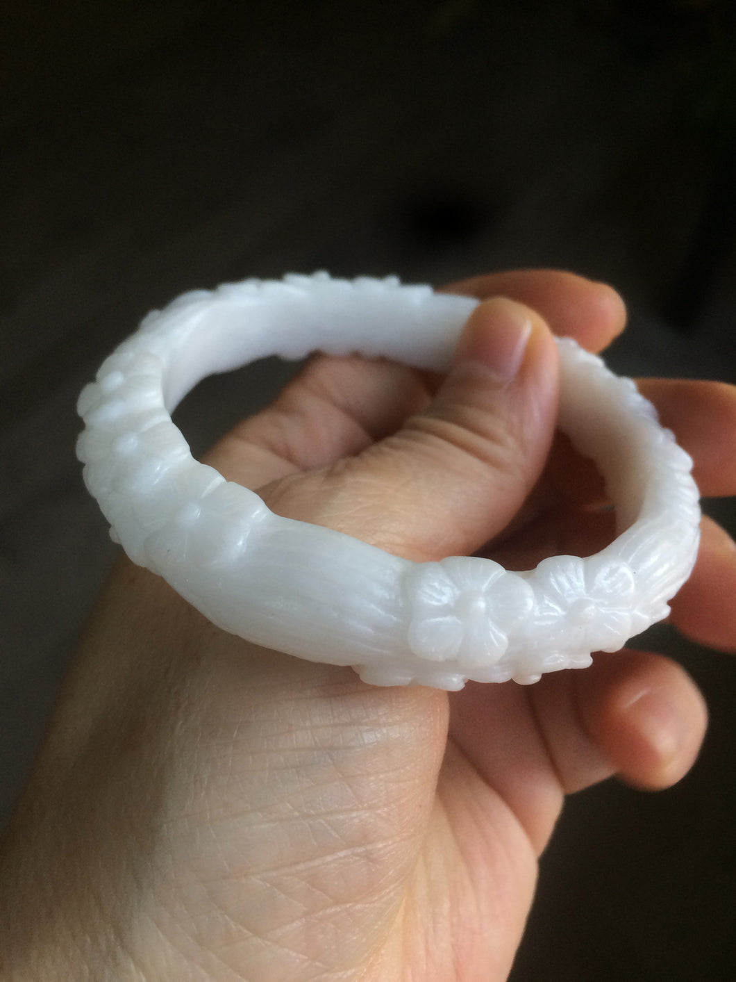 56.5mm Certified 100% Natural white with 3D carved plum blossom nephrite Hetian Jade bangle HF3-2093