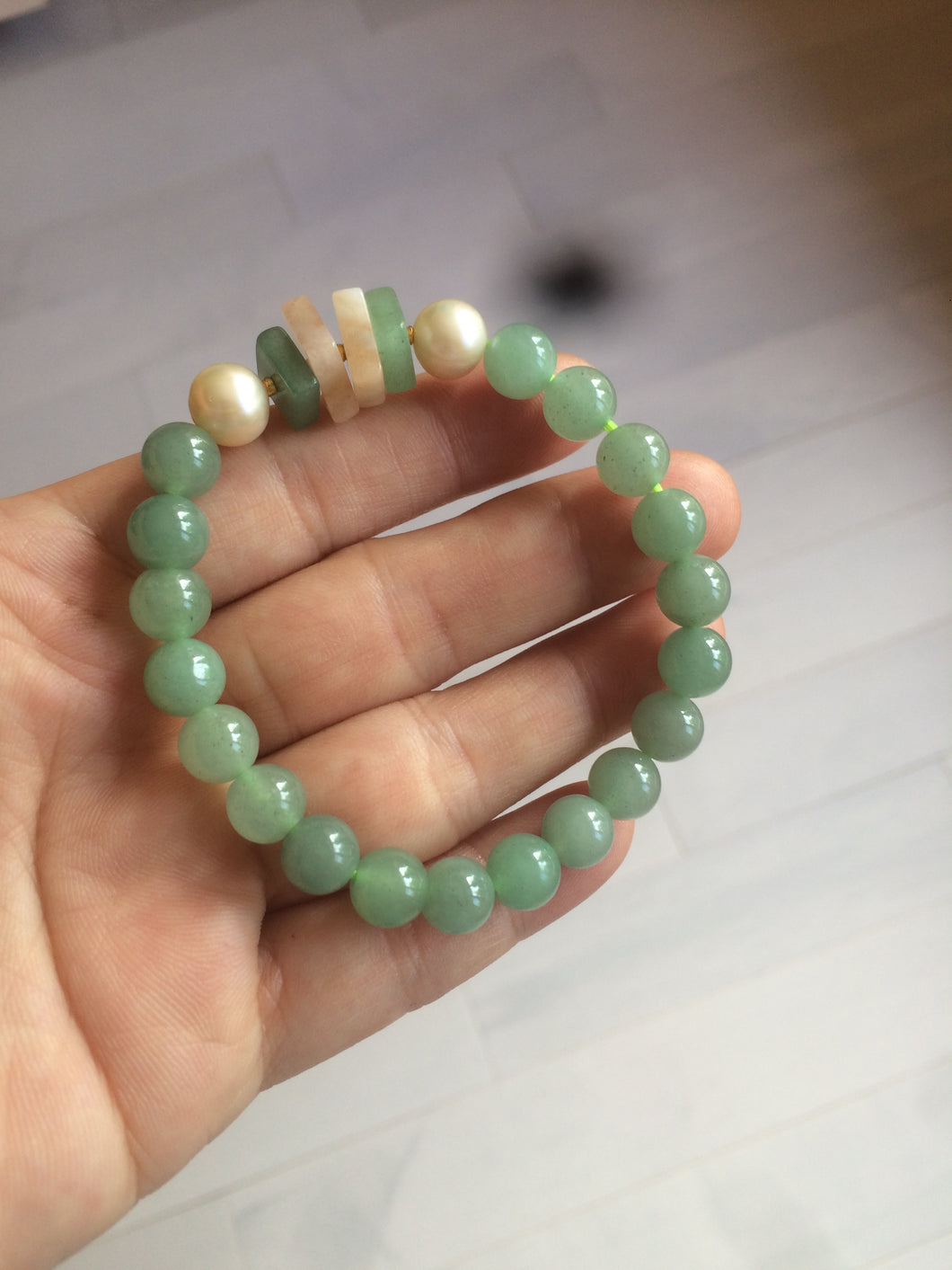 8mm Certified 100% natural green aventurine jade (东陵玉)/pink pearl/quartzite mystical forest bracelet CB4