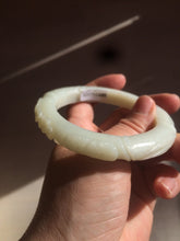 Load image into Gallery viewer, 57.1mm Certified 100% Natural white/beige with 3D carved plum blossom/bamboo/lotus leaf nephrite Hetian Jade bangle HF1-2889 卖了 Sold!
