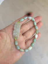Load image into Gallery viewer, Type A 100% Natural light green/white carving flowers vintage style Jadeite Jade bracelet Z
